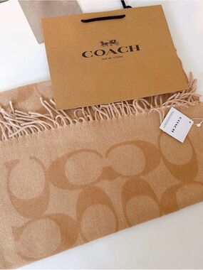 Coach Camel Signature Jacquard Fringe Scarf